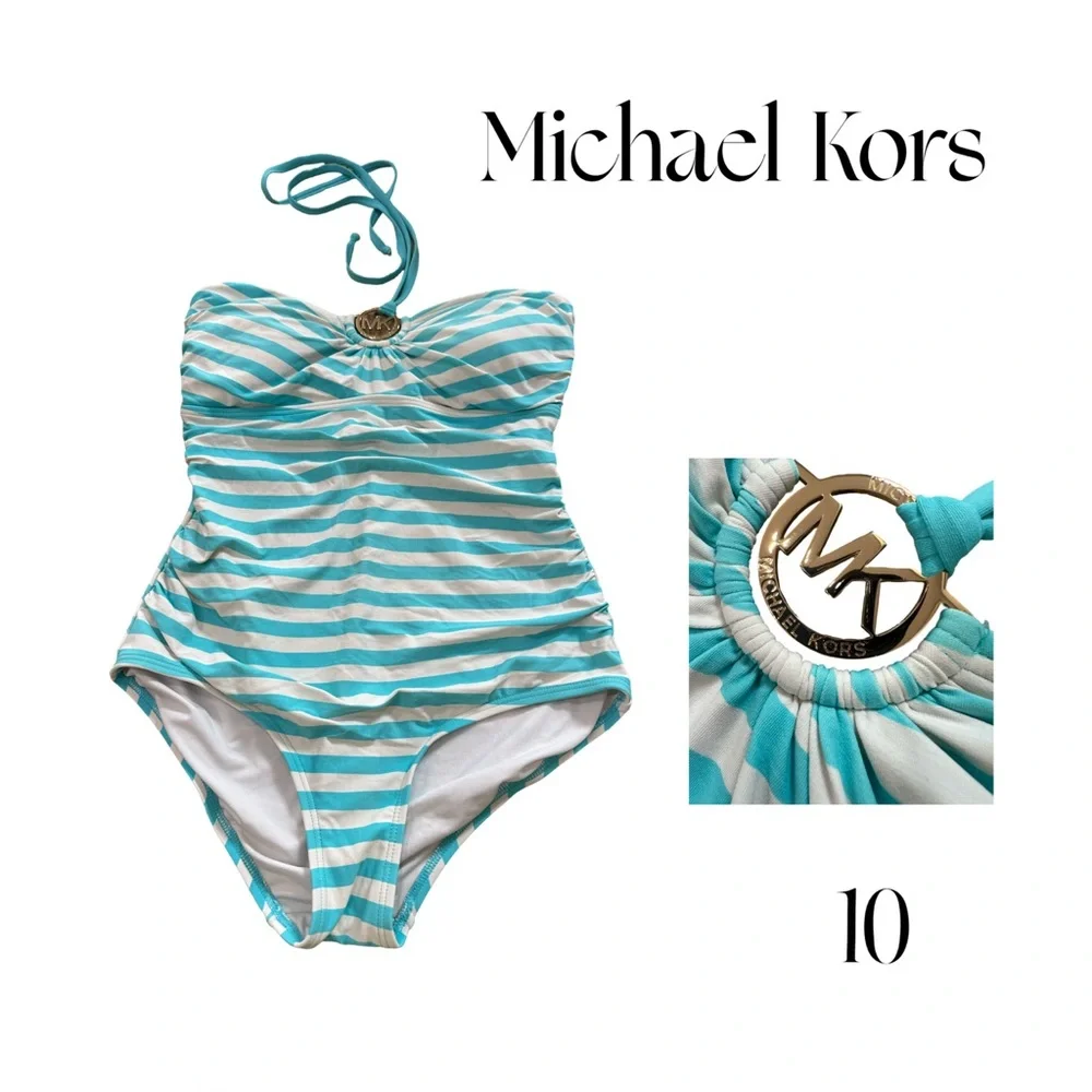 Michael Kors Nautical Stripe Halter One-Piece Swimsuit Blue White Sz 10 - Picture 5 of 11